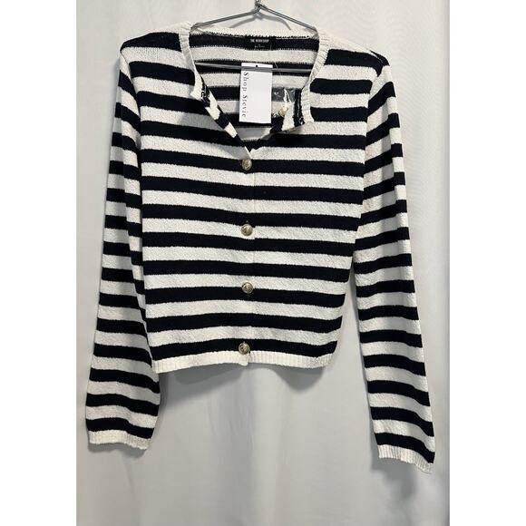 The Workshop Black White Striped Button Up Cardigan - Large - Picture 1 of 8